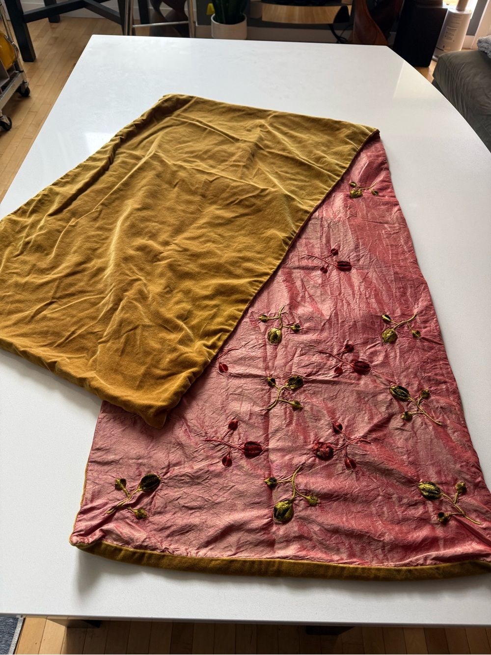 Embroidery Floral Silk Table Runner with Velvet Back, Coral & Mustard 19” x 72”